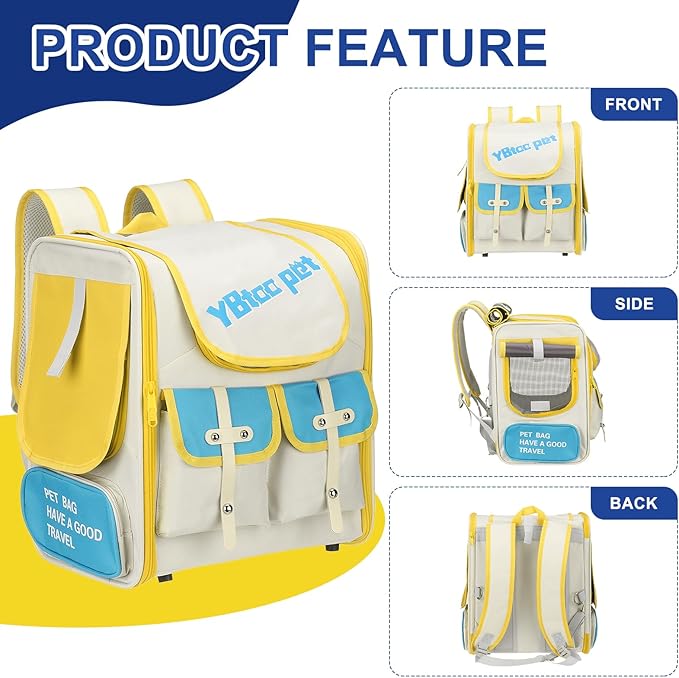 Pet Backpack Carrier, Portable and Ventilated, Oxford Cloth, Dogs Cats and Small Animals Travel Bag 13.39", (Beige, Yellow, Blue, 1 Pcs), Intended for Hiking/Camping/Traveling