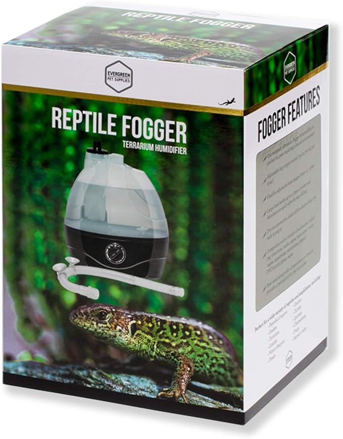 Evergreen Pet Supplies Reptile Fogger & Humidifier - Adjustable Fog Output for Mini Terrarium Fogger - 2 L Tank with Auto Shut-Off for Tortoise Humidifier - 2 L, Black/Clear