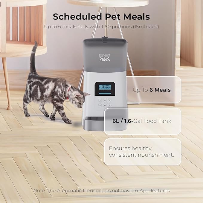 Penthouse Paws® Automatic Pet Feeder 6L, LCD Timed Food Dispenser, Twist-Lock Storage, Anti-Jam, Voice Meal Call, Up to 15 Daily Meals, Battery Backup, White with Stainless Steel Bowl, for Cat & Dog