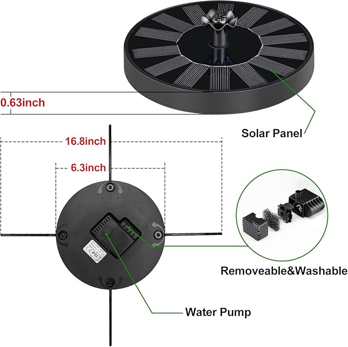 Solar Fountain Pump with Spray Height Adjustment, Upgrade Glass Solar Bird Bath Fountains with 6 Nozzles, Outdoor Solar Water Fountain Pump for Bird Bath, Garden, Pool, Pond