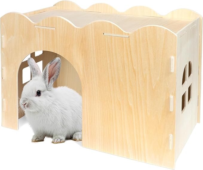 Guinea Pig Hideout, Natural Wooden Chew Proof Hideaway Hut for Small Pets (Wood, Rabbit)