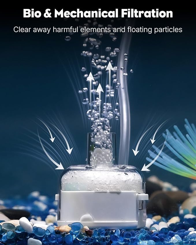 Pawfly Mini Aquarium Air Pump, Ultra Quiet Oxygen Aerator Kit for 1-15 Gallon Fish Tanks with Air Tubing, Air Stone, Check Valve & Suction Cups