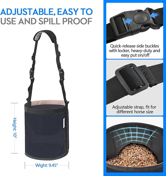 Horse Feed Bag Pack of 2, Feed Bags for Horses with Ventilation Mesh, Comfort Nose Pad Neck Pad, Adjustable Strap, Spill Proof Design for Independent Feeding Grain, Supplements (Black Blue)