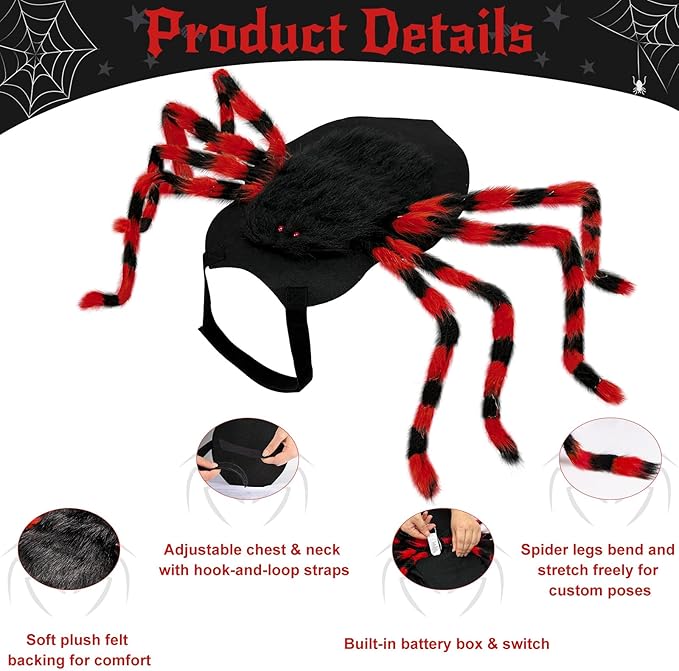 OurWarm Large Dog Halloween Costume, Dog Spider Costume with 64 LED Purple Lights, Furry Funny Halloween Costumes for Large Dogs Pets Clothes Puppy Outfits Cosplay Halloween Party Decor