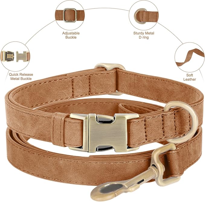 Genuine Leather Dog Collar - Adjustable Pet Collar with Quick Release Metal Buckle, Soft Skin Friendly Real Leather Collar for Small, Medium, Large Dogs (Brown, L：Fit 15-23" Neck)