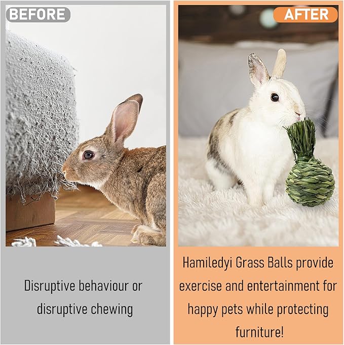 Hamiledyi Rabbit Chew Ball Bunny Timothy Grass Ball Natural Woven Chewing Toys Small Animal Activity Play Balls Chew Toys for Bunny Rabbits Hamster Guinea Pigs Chinchilla Gerbils 4PCS