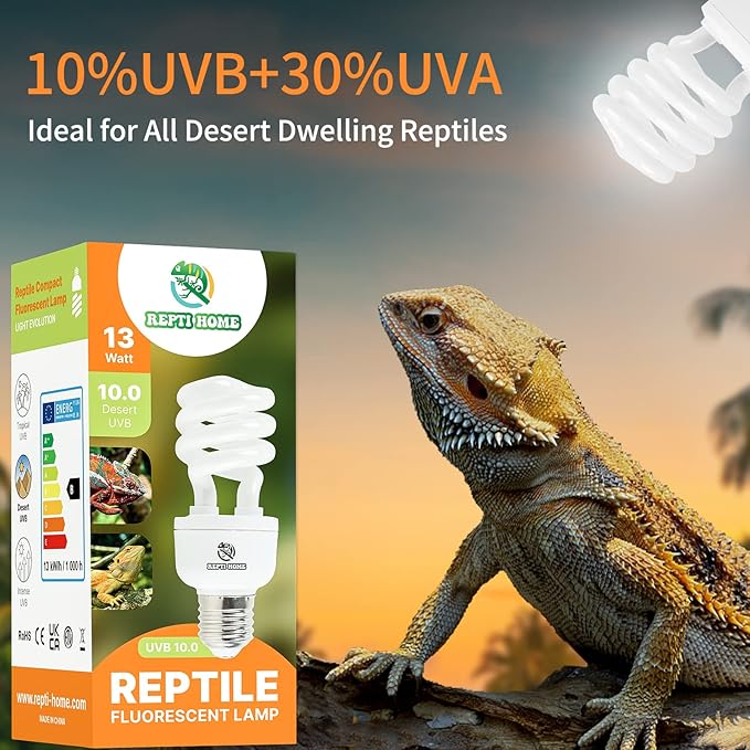 UVB Reptile Light 10.0, 13W Desert UVA UVB Bulb for Reptiles, Compact Desert Terrarium Lamp, Reptile UVB Light Bulb for Bearded Dragon, Lizard, Tortoise, Snake, Gecko