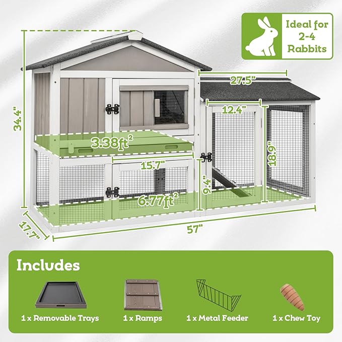 57" L Wooden Rabbit Hutch Outdoor Indoor with Waterproof Roof, 2-Story Bunny Hutch with Pull Out Tray, Chew-Resistant Ramp, Ideal for Rabbit, Guinea Pig, Hamster (57" L X 21" W X 33.5" H)