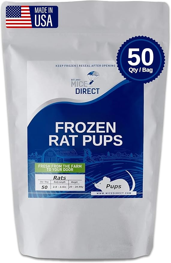 MiceDirect Frozen Rat Pups Snake Food - Frozen Rats for Snakes like Juvenile Ball Pythons, Adult Corn & Ball Pythons, Sub-Adult Red Tail Boas, Monitor, Lizards, Birds of Prey - 2.5-3.5 in (50 Count)