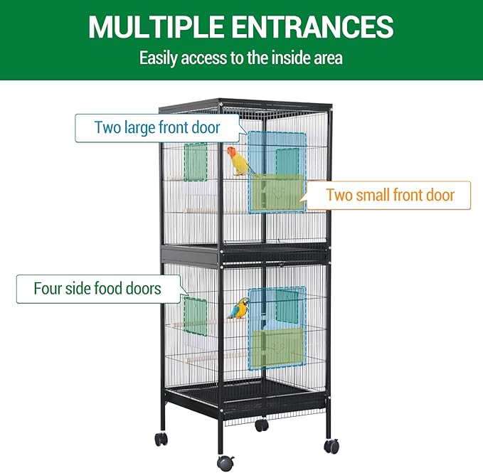 55 inch Wrought Iron Bird Cage Double Stackable Metal Cage w/Play Open Top and Rolling Stand with Pull Out Tray for a Canary Finch