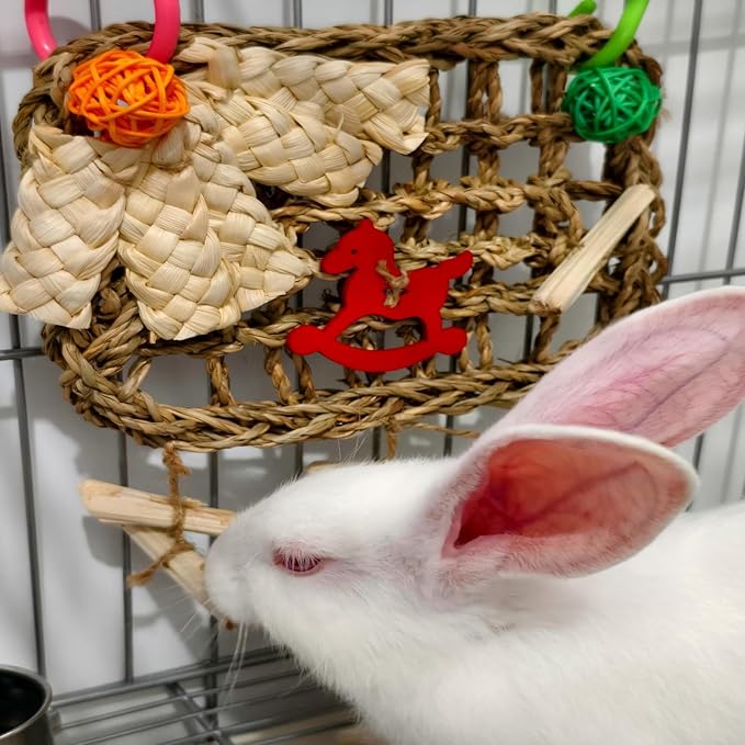 Rabbits Chew Toy,Bunny Cage Hanging Chew Toys and Treats,Grass with Sweet Bamboo for Guinea Pigs Chinchillas Hamsters Rats
