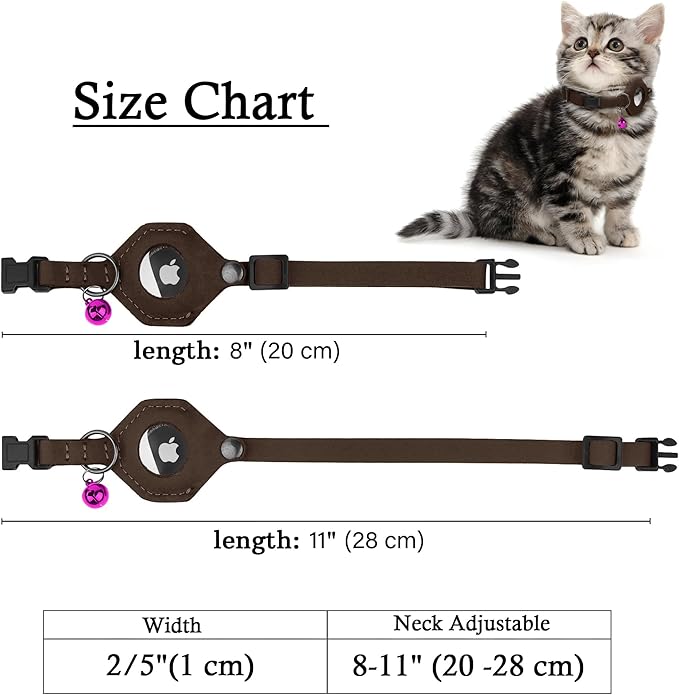 Breakaway Airtag Cat Collar with Removable Bell - Leather Pet Collar with Apple Air Tag Holder - Adjustable GPS Collars for Girl Boy Cats Kitten Puppy - Lightweight, Cute and Comfortable (Chocolate)