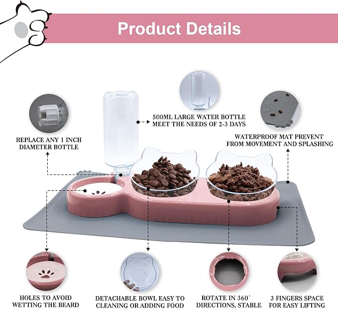 Triple Cat Bowls with Water Dispenser, Pet Water and Food Bowl Set with Non-Slip Mat and Scoop, 15° Tilted Double Dog Cat Bowls, Wet and Dry Food Bowl Set for Cats & Small Dogs (Pink)
