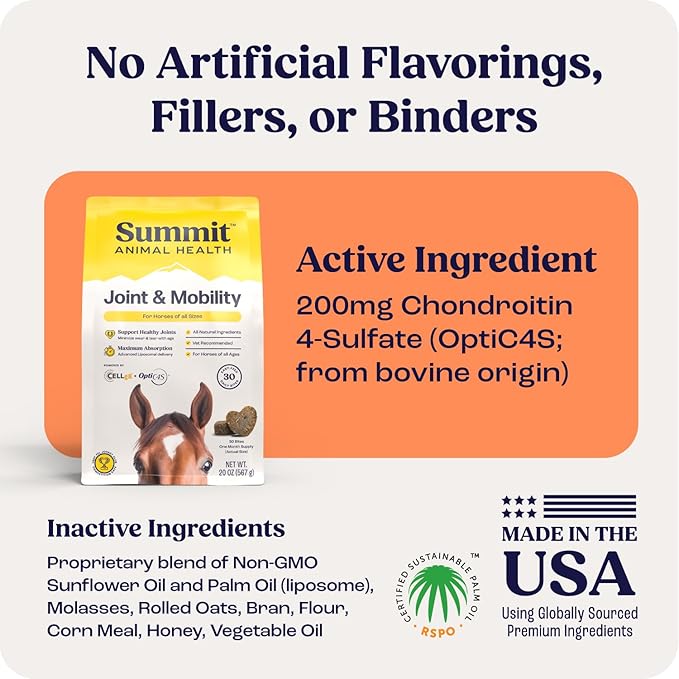 Summit Equine Joint & Mobility Bites Daily Supplement for Horses, Liposomal Delivery, Max Absorption, Vet Recommended, All-Natural Ingredients, 100% Drug-Free, Healthy Joints - 30 Bites