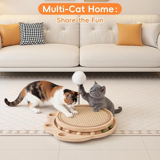 Cat Scratcher Board, 3-in-1 Cat Scratcher & Activity Center with Sisal Scratching Pad, Ball Track & Spring Toy, Interactive Cat Furniture for Indoor Cats