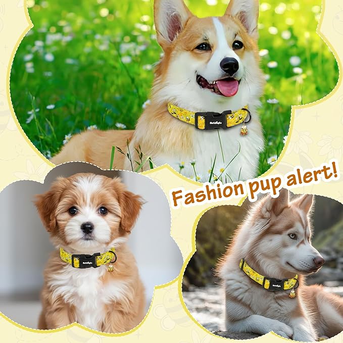 Yellow Dog Collar for Extra Small Dogs, Spring & Summer Theme Small Dog Collars Featuring Bee Pollinating White Flowers Pattern, Adjustable Cotton Collar for Girl Boy Dogs -XS