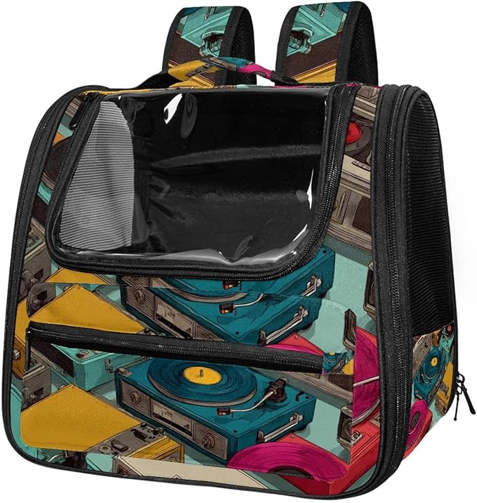 Color Record Player Pattern (2) Pet Cat Backpack Carrier for Kitty Small Dog, Ventilated Pet Carrier Bag for Car, Walking, Hiking, Outdoors