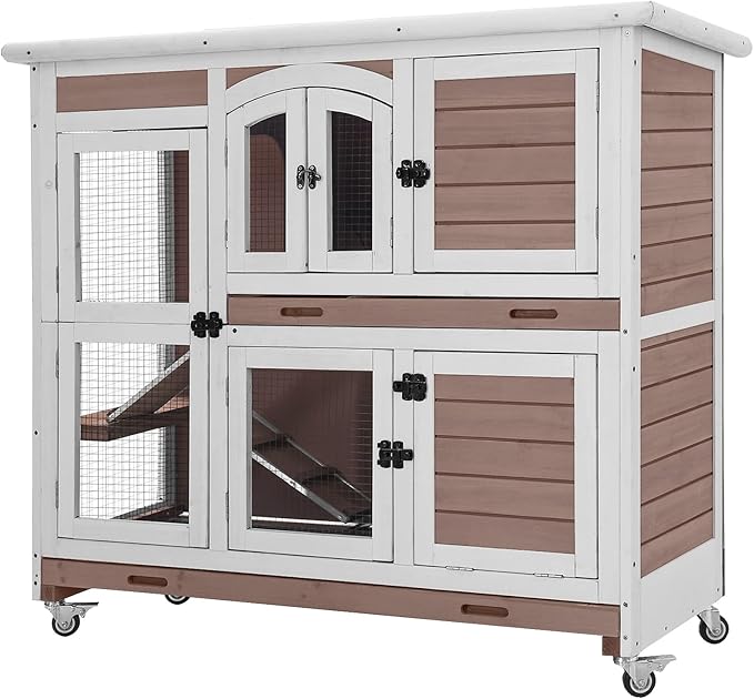 Aivituvin Bunny Cage Rabbit Hutch Indoor Rabbit House with Wheels Outdoor Guinea Pig House with Two Plastic Tray (Brown)