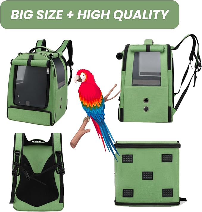 Bird Backpack Travel Cage for Cockatiel, Parrot, Parakeet With 2 Bowls Tray and Standing Perch - African Grey Carrier for Large and Small Birds (Green)