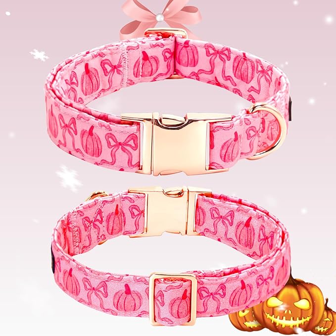 Dog Collar, Pink Pumpkin Print Adjustable Pet Collar Cute Cotton Soft Collars with Bow Tie Fall Metal Buckle Holiday Puppy Collars Boy&Girl Gift for X-Small Dogs