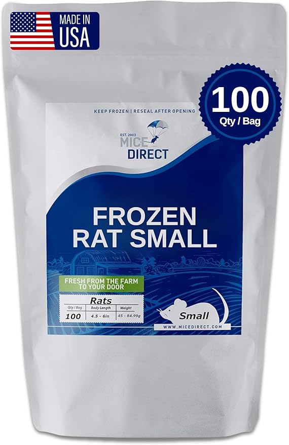 MiceDirect Frozen Rat Smalls Feeder Food Adult Ball Pythons Adult Red Tail Boas Monitors Lizards (4.5-6 in (Pack of 100))