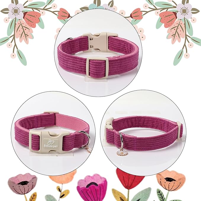 Cute Corduroy Dog Collar - Fuchsia Adjustable Dog Collars for Medium Dogs 25-50lbs, Fade-Proof with Secure Snap & Little Charm, Christmas Birthday Gift, M
