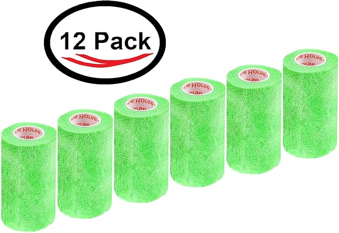3 Inch Vet Wrap Tape Bulk (Neon Green) (Pack of 12) Self Adhesive Adherent Adhering Flex Bandage Grip Roll for Dog Cat Pet Horse