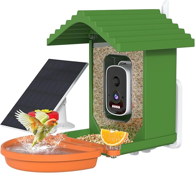 Smart AI Bird Feeder with Camera,2.5K HD Live View,Solar Powered,Instant Birds Species Recognition,Real Time Alerts,Wireless Birdhouse with Night Vision,Green