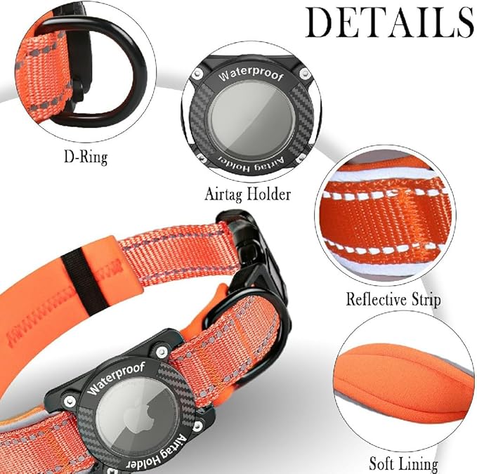 Upgraded AirTag Dog Collar, IP68 Waterproof Dog Collar with Apple Air Tag Holder, Reflective Adjustable Heavy Duty Dog Collars with Soft Padded for Small, Medium and Large Dogs,Orange, S