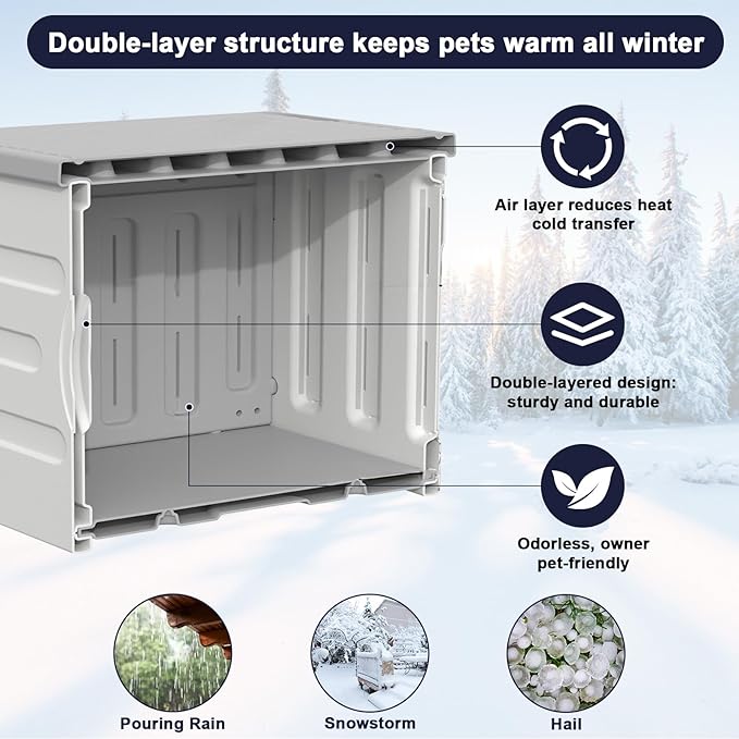 Tepoal Plastic Heated Cat House for Outside Winter, 100% Weatherproof & Insulated Outdoor Feral Cat Shelter with Safety Escape Door, Stackable Cat House with Heater for Barn Cat, Grey 17.7"x17"x17.5"