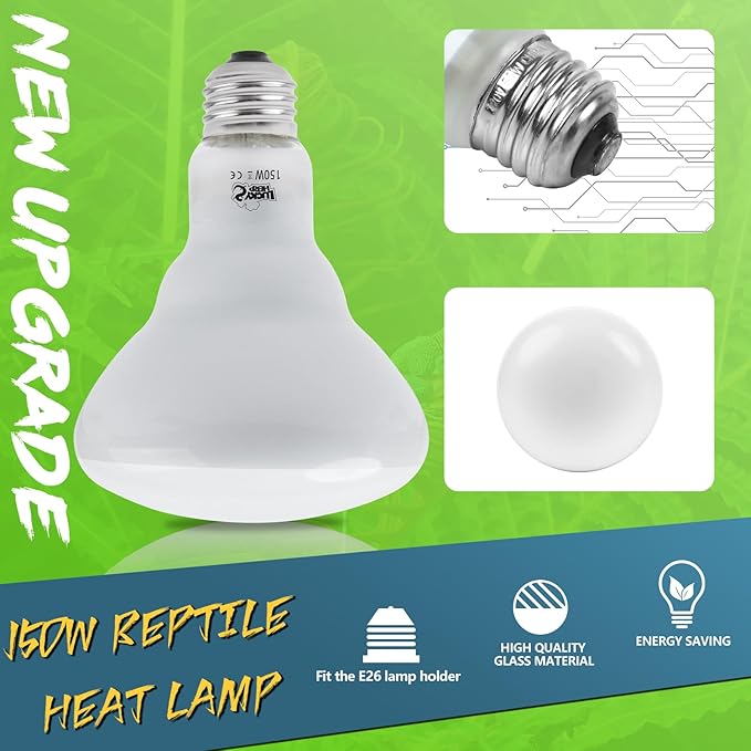 LUCKY HERP Heat Lamp Bulbs - 150W Reptile Heat Lamp 2 Pack, Daylight Basking Heat Lamp Bulbs for Reptile, UVA Heat Light Bulb for Reptiles, Amphibians, Bearded Dragons, Lizards, Turtles, Chickens