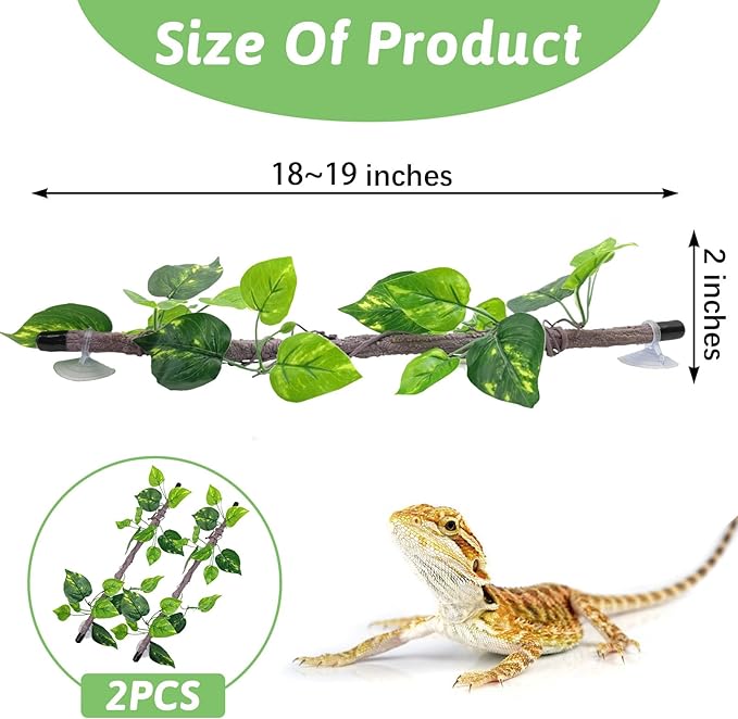 VCEPJH Reptile Climbing Branch Decor 2 Pcs Bendable Jungle Vine with Suction Cup Terrarium Plant Decoration for Gecko Bearded Dragons, Snake,Frogs, Chameleons Cage Accessories (S)