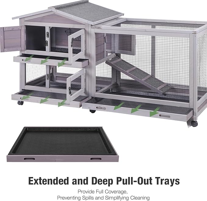 Indoor/Outdoor Rabbit Hutch with Pull-Out Tray, Weatherproof Bunny Cage & Attached Run - Also for Chickens (Grey, L)