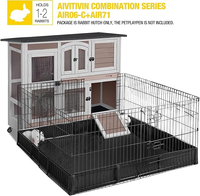 Aivituvin Rabbit Hutch Bunny Cage with Wheels Indoor Outdoor Two Story Guinea Pig Cage with 2 Deep No Leak Tray