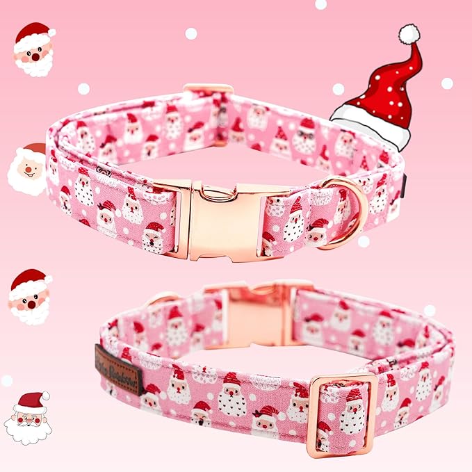 Dog Collar, Christmas Pink Santa Claus Cotton Pet Collar Bow Holiday Girl Boy Cute Puppy Collar Adjustable Pet Collar for X-Large Dogs