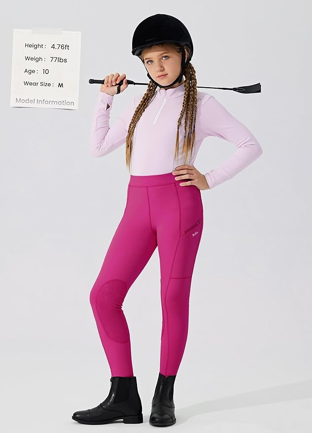 Willit Girls Horse Riding Pants Tights Kids Equestrian Breeches Knee-Patch Youth Schooling Tights Zipper Pockets