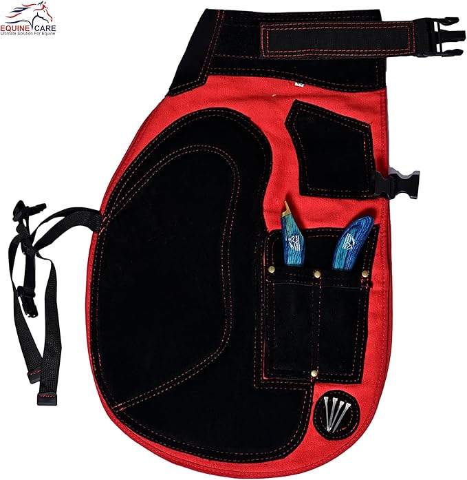 Equine Care Farrier Apron Chaps 2mm Cowhide Leather, 500 GSM Canvas, Air-Mesh, 25" Length, Adjustable Waist (28"-52"), Ergonomic Foam-Padded Thigh & Back Support, 4 Knife Pockets, 2 Nail Magnets.