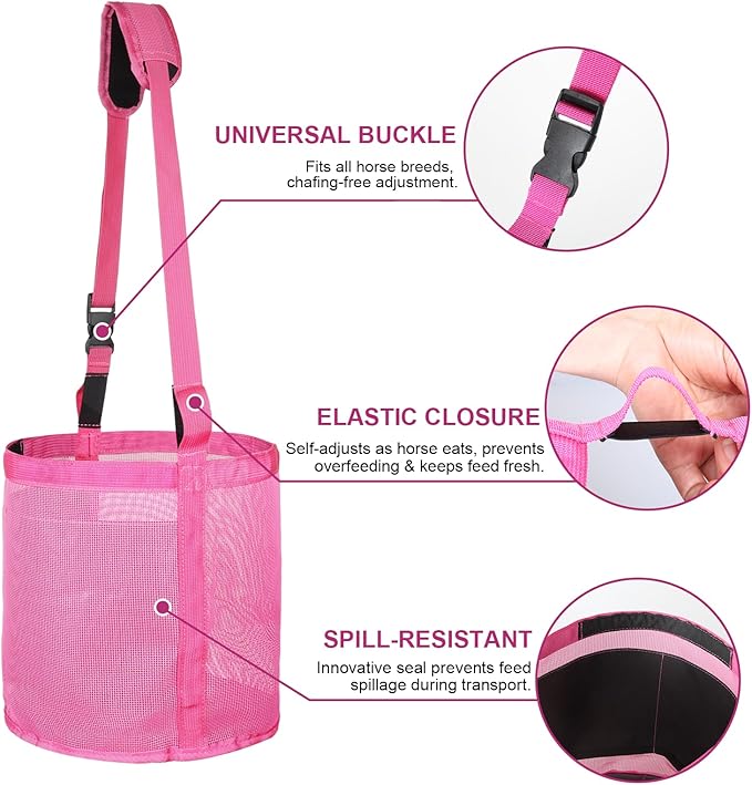 Heavy Duty Durable Waterproof Horse Feed Bag with Adjustable Strap - Mesh Grain Design, Comfort Neck Pad & Nose Pad Rose Pink