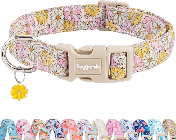 Faygarsle Floral Girl Dog Collar, Cotton Fabric with Daisies Pattern, Pink and Yellow Summer Spring Design for Small Medium Large Dogs S