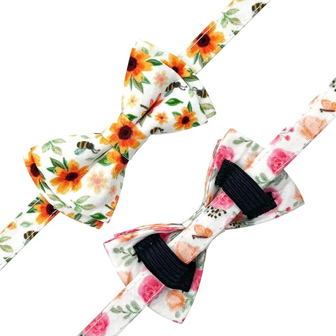 2 Pack Cotton Cat Collar with Bow Tie and Bell for Girl Boy Cats,Cute Pink Flamingo and Blue Whale Pattern Spring Summer Breakaway Cat Collar for Male Female Cats (Flower&Sunflower)