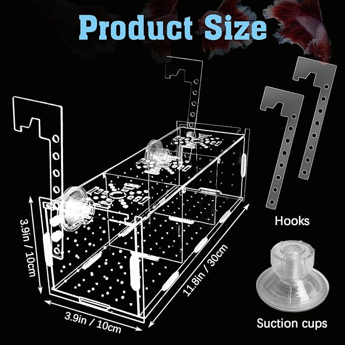 Hamiledyi Acrylic Breeding Isolation Box - Transparent Aquarium Hatchery for Guppy/Shrimp/Small Fish, Safe Nursery Tank with Air Tube & Suction Cups(11.8" × 3.9" × 3.9")
