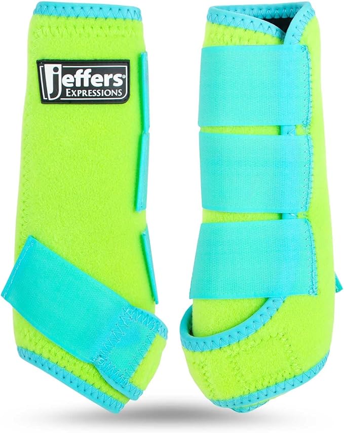 Jeffers Expression Neon Protective Horse Boots, 1 Pair, Lime & Turquoise – Breathable Neoprene, Secure Strap Closures, Durable Protection for Front & Hind Legs, Training, Trail & Riding Use - Small