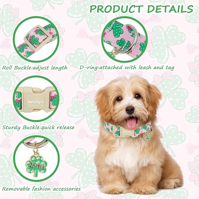 St. Patrick's Day Dog Collar,Pink Bow with Lucky Shamrock Puppy Collar,Adjustable Spring Cotton Collars Gifts for Small Medium Large Dogs,Dog Accessories S