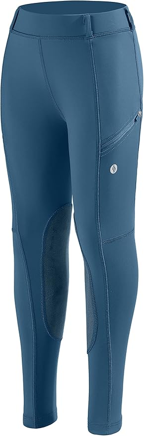 SANTINY Girls Horse Riding Pants with Zipper Pockets Kids Stretchy Equestrian Breeches Knee-Patch Youth Schooling Tights