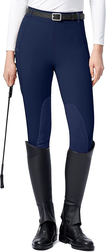 SANTINY Women's Horse Riding Pants with Zipper Pockets Knee-Patch Schooling Tights Equestrian Breeches for Women