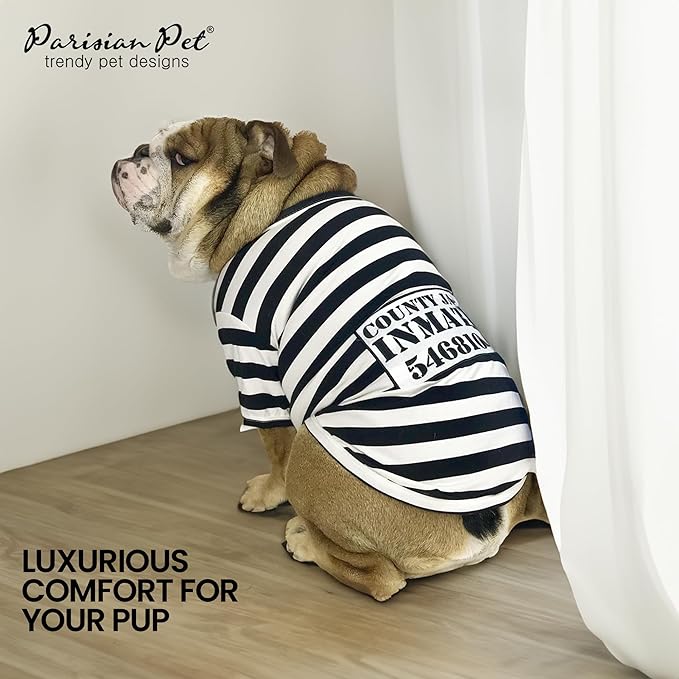 Parisian Pet Dog Shirt - Prisoner Costume - Black and White Striped Cotton Clothes - Lightweight Polyester Sleeved Outfit for Large Dogs - 4XL