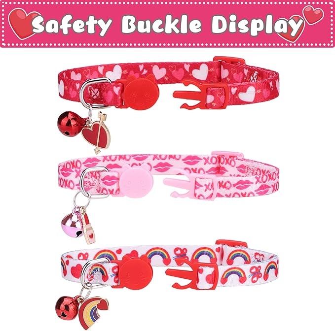 Breakaway Cat Collars with Bell & Cute Pendants, 3 Pack Safety Buckle Kitten Collars, Adjustable Pet Collar Ideal for Girl Boy Cats Puppy (Love Heart)