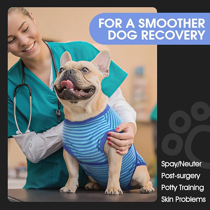 FUAMEY Recovery Suit for Dogs After Surgery,Soft Breathable Dog Bodysuit E-Collar & Cone Alternative Surgical Suit,Male Female Dog Neuter Spay Suits Anti Licking Wounds Onesie Navy Blue Strips XL