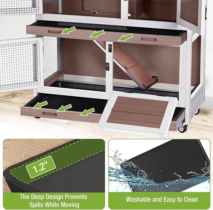 Rabbit Hutch Indoor, 36'' Bunny Hutch Outdoor, Mobile Rabbit Cage with Wheels, 2-Story Bunny Cage with 2 Pull Out Trays, Wooden Guinea Pig Cage (Brown)