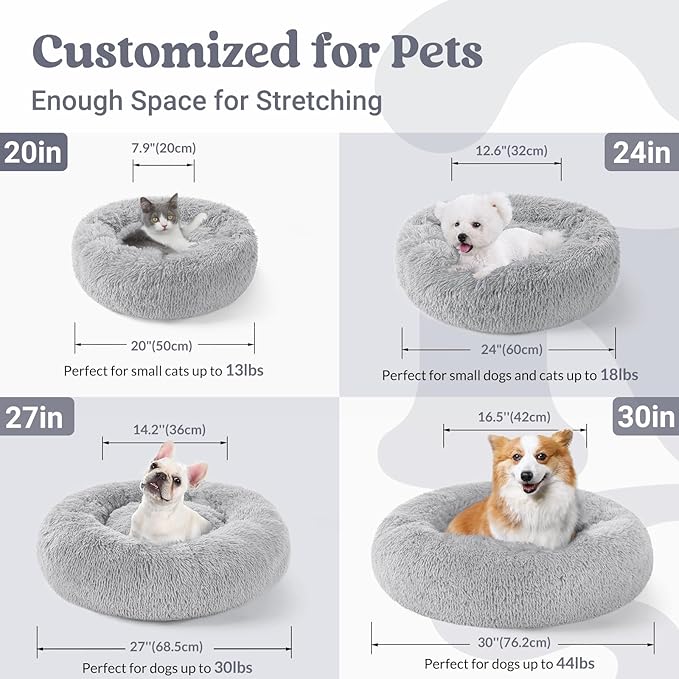 rabbitgoo Dog Bed for Small, 24 inches Machine Washable, Fluffy Donut Pet Bed Anti-Slip, Calming Soft Plush Round Cushion, Fits up to 18 lbs Pets, Light Grey